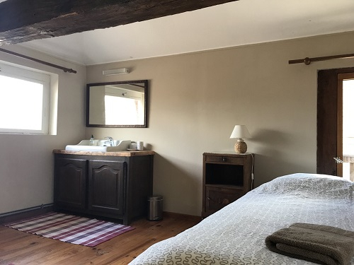 Chambre avec lavabo, cabine de douche et lit double